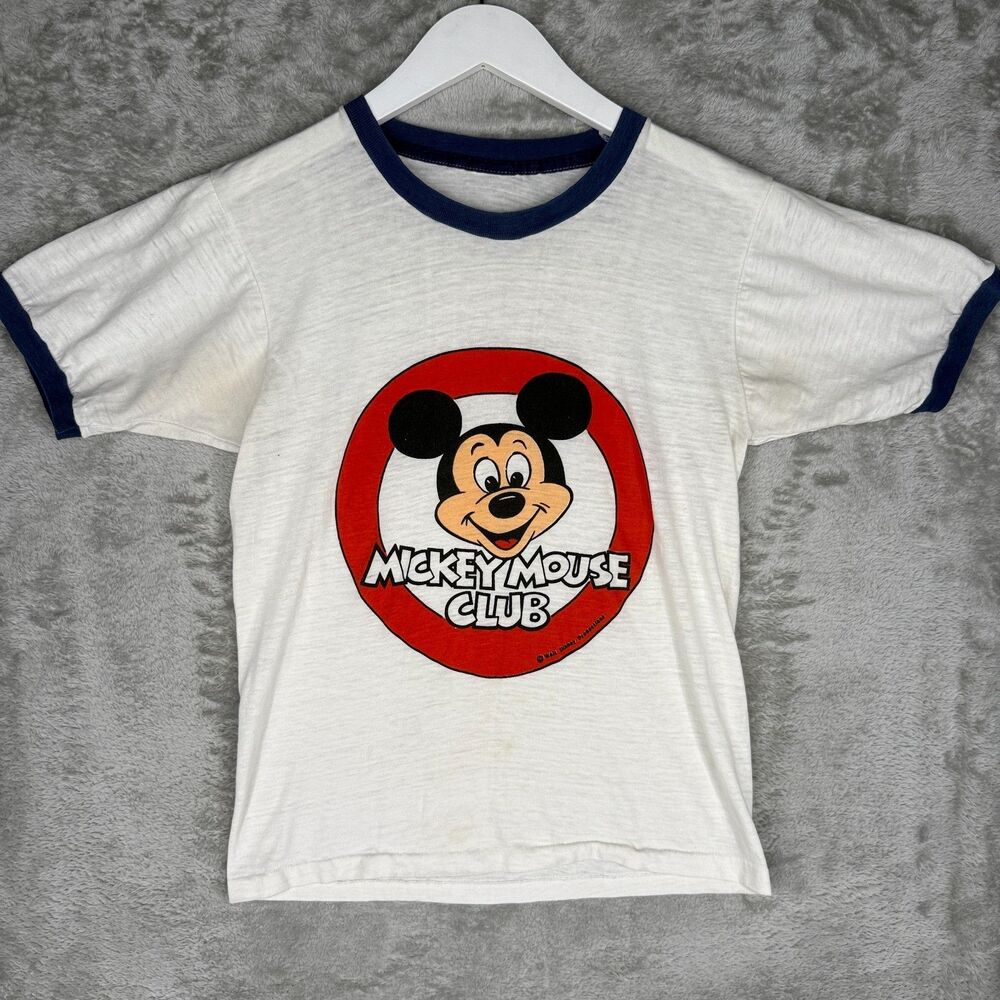 Vtg 70s Mickey Mouse Club T-Shirt Mens Small Ringer White Paper Thin Walt Disney
